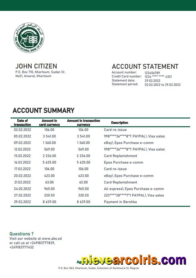 Sudan Agricultural Bank of Sudan bank statement